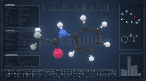 Acetanilide molecule with description on the computer screen, 3d rendering Stock Illustration