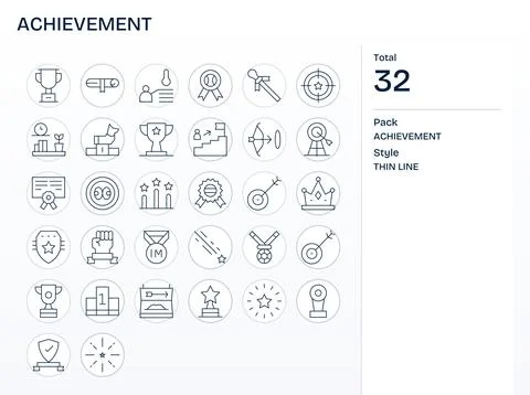 Achievement Digital Vector Pack containing 32 Editable Thin Line 128x128 Icon Stock Illustration
