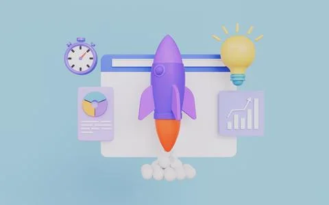 Achievement goals, Web screen with rocket, Graph, Pie chart Stock Illustration