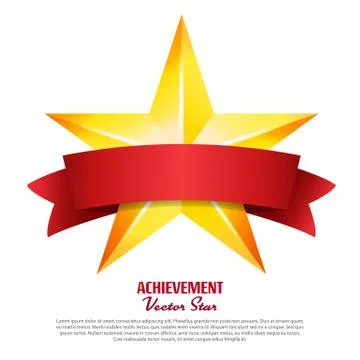 Achievement Vector Star With Red Ribbon. Yellow Sign  Place For Text. Golden Stock Illustration