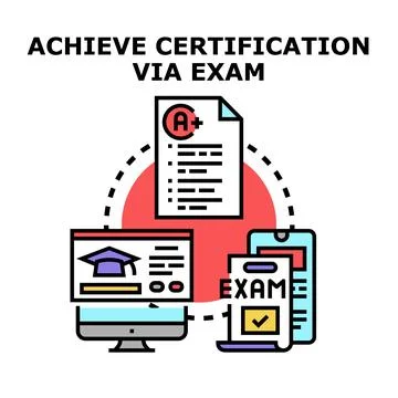 Achieving certification via exam online learning process Stock Illustration