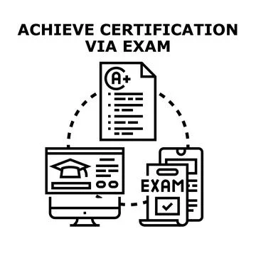 Achieving certification via exam online learning process Stock Illustration