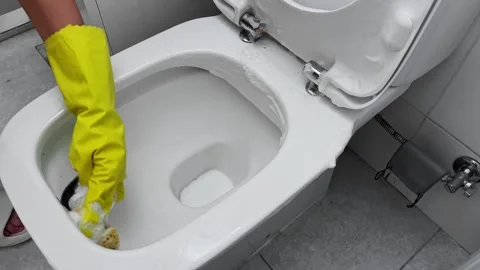 Achieving Effective Toilet Cleaning by Using Protective Gloves for Optimal Stock Footage 282726856