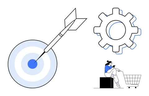 Achieving Goals Target with Arrow, Gear Cog, and Person Shopping with Cart Ilustración de archivo