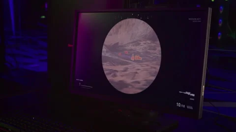 Achieving the victory in new war simulator single player game at a computer club Stock Footage 164890629