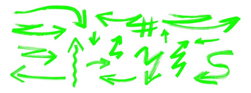 Acid graffiti arrow vector set neon green crayon strokes mixed with ink Stockillustratie