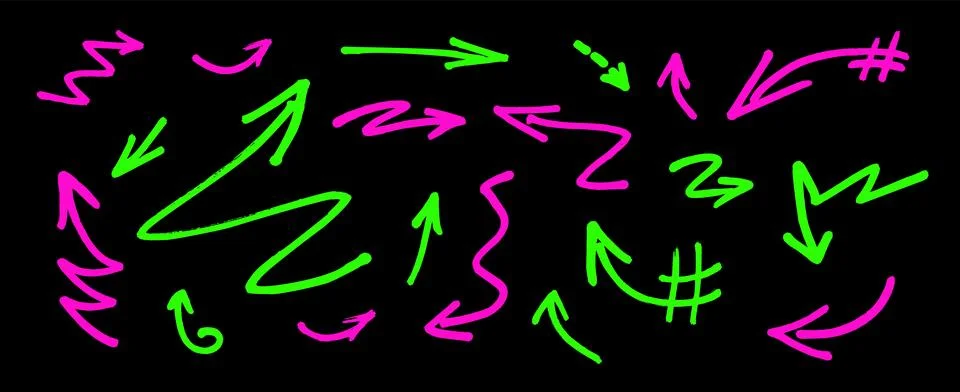 Acid graffiti arrow vector set, neon pink and green crayon strokes mixed with Stock Illustration