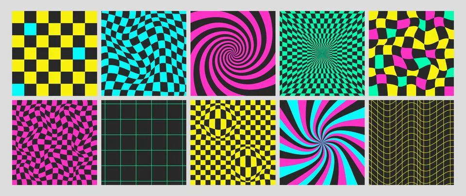 Acid psychedelic checkerboards with seamless pattern with warped grid tile Stock Illustration