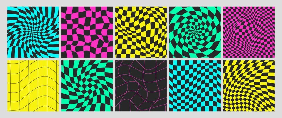 Acid psychedelic checkerboards with seamless pattern with warped grid tile Stock Illustration