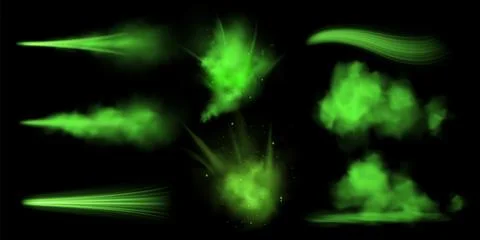 Acid spray and clouds. Realistic green particles flying, toxic smoke as symbol Stock Illustration