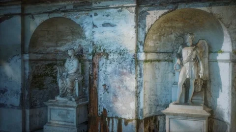 Acient roman statues at the stone wall Stock Footage 135908964