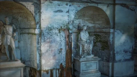 Acient roman statues at the stone wall Vídeo Stock 145653274