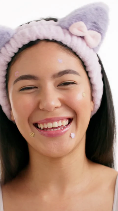 Acne patch, beauty and face of woman in studio for self care, cosmetics and Stock Footage 333676379