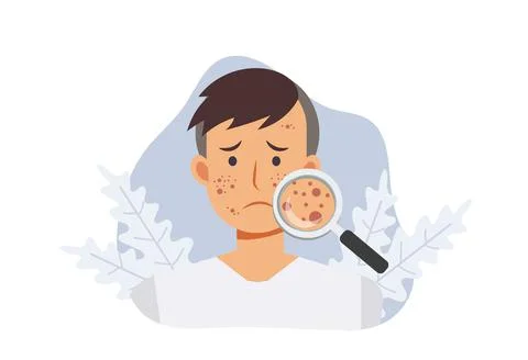 Acne skin problems Concept.man with magnifying glass is looking acne on his f Illustrazione stock