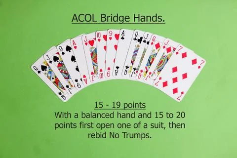 ACOL Contract Bridge Hand. Opening one of a suit. Stock Photos
