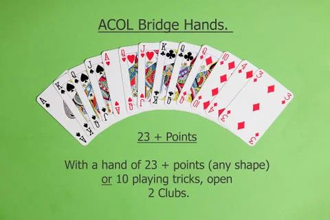 ACOL Contract Bridge Hand. Opening two clubs. Stock Photos