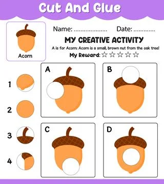 Acorn Cut and Match Vector Worksheet, Preschool Learning Activity with Name.. Stock Illustration