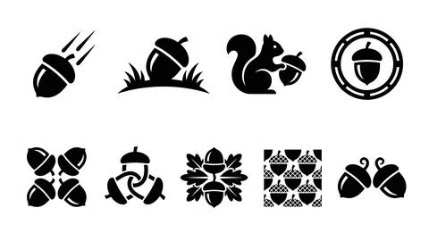 Acorn icon set featuring nuts with oak leaves and squirrel. Illustrazione stock