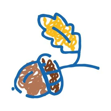 Acorn nut and oak leaf line art doodle Stock Illustration