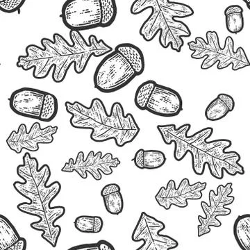 Acorn on an oak branch. Seamless pattern. Sketch scratch board imitation. Black Stock Illustration