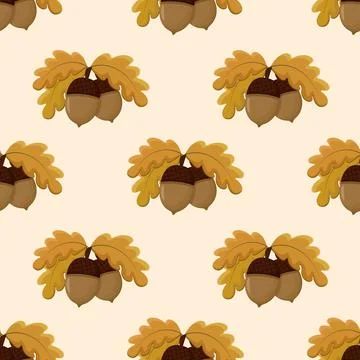 Acorns fruits with leaves seamless pattern vector illustration. Stock Illustration