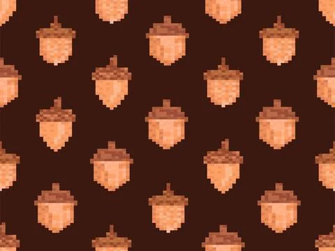 Acorns seamless pattern in pixel art style. 8 bit icon acorn, oak symbol Stock Illustration