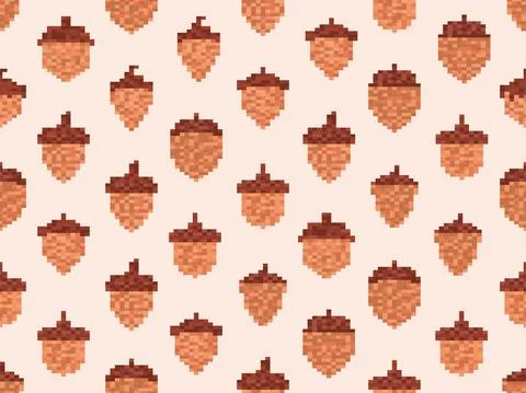 Acorns seamless pattern in pixel art style. 8 bit icon acorn, oak symbol Stock Illustration