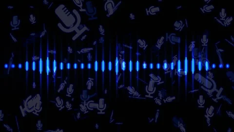 Acoustic background blue glowing equalizer decorated by retro microphones around Stock Footage 254501655