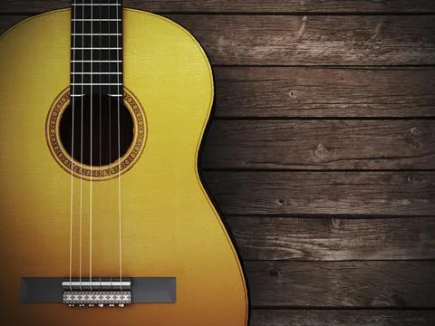 Acoustic guitar on wood background, 3D Render Stock Illustration