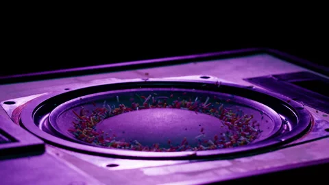 Acoustic sound system close-up, flying confetti sweets. Loud music volume macro Stock Footage 169117243
