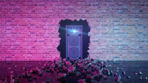 Acoustic system located in a crack in a brick wall in neon lighting Stock Footage 314114536