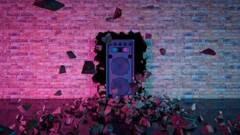 Acoustic system located in a crack in a brick wall in neon lighting Stock Illustration