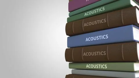 ACOUSTICS title on the stack of books, conceptual 3D rendering Illustrazione stock