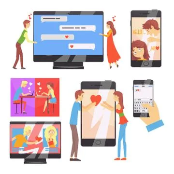 Acquaintance through the social network, distance relationship, online dating Illustrazione stock