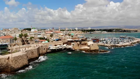 Acre (Akko)  Drone Fly towards restaurant Stock Footage 169053864