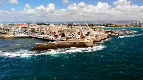 Acre (Akko) Lighthouse and old city Drone Stock Footage 169057113