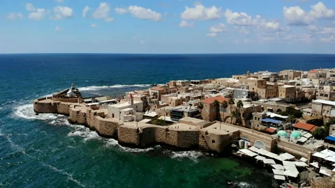 Acre (Akko) lighthouse and St John the Baptist Church Drone Stock Footage 169057196