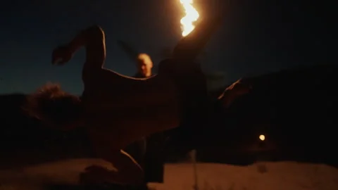 Acrobatic And Fire Performance, Active Shot Of Jumping Acrobat Man With Naked Stock Footage 254318307