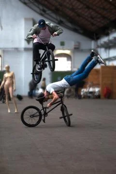 Acrobatic bicycle BMX street performance Stock Photos