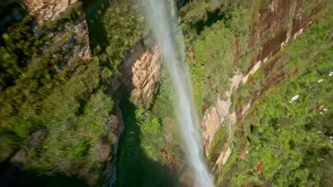 Acrobatic drone flight over a waterfall, blue mountains, Australia Stock Footage 262923018