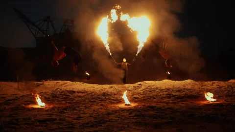 Acrobatics And Pyrotechnics Performance, Show Of Light And Dark, Fire Show Stock Footage 254318421