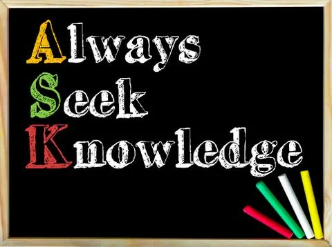 Acronym ASK as ALWAYS SEEK KNOWLEDGE. Written note on wooden frame blackboard Stock Photos