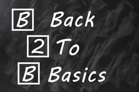 Acronym of b2b for back to basics written on a smudged blackboard Stock-Fotos