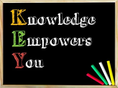 Acronym KEY as KNOWLEDGE EMPOWERS YOU. Written note on wooden frame blackboar Stock Photos