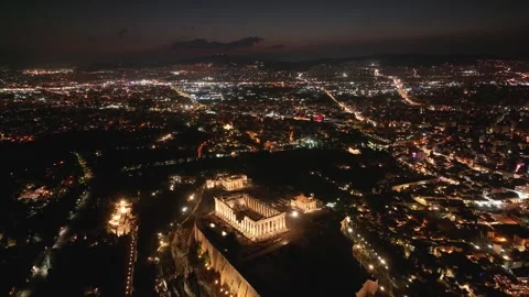 Acropolis of Athens cinematic drone descent over Parthenon at night Stock Footage 345545512
