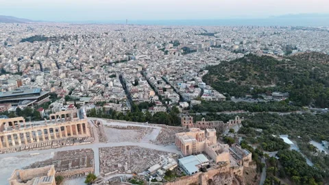Acropolis of Athens with Odeon of Herodes Atticus Facing Egina Route Stock Footage 342574175