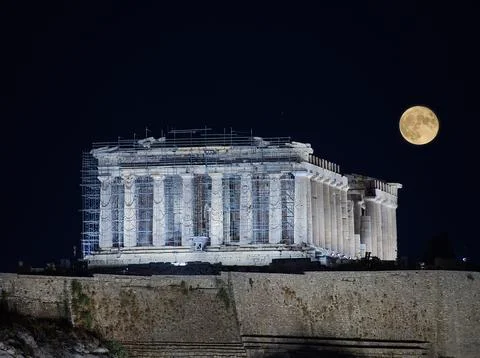 Acropolis in August under the moonlight Stock Photos