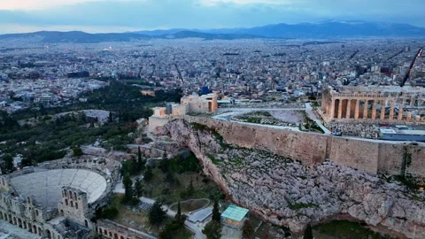 Acropolis evening aerial view, flying around ancient Acropolis in Athens, Greece Video stock 259620232