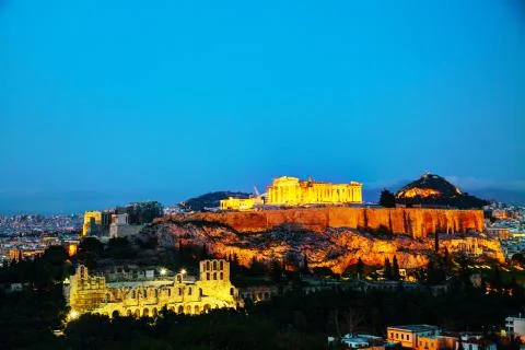 Acropolis in the evening after sunset Stock Photos