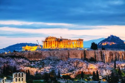 Acropolis in the evening after sunset Stock Photos